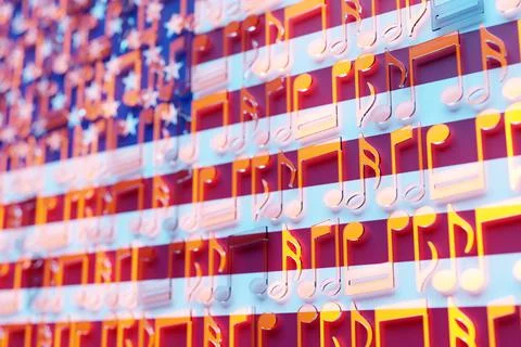 Musical notes lined up in even rows against the backdrop of the National Flag Stock Illustration