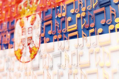 Musical notes lined up in even rows against the backdrop of the National Flag Stock Illustration