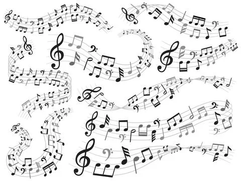 Musical notes. Music note swirl, melody pattern and sound waves with notes .. Stock Illustration