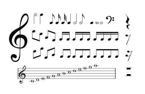 Musical notes, pauses, treble clef, music book.  Illustration. Stock Illustration
