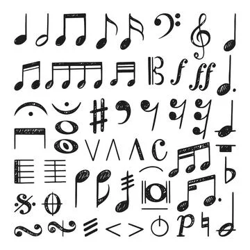 Musical notes sketch collection. Doodle note, music kids ink drawing. Vintage Stock Illustration