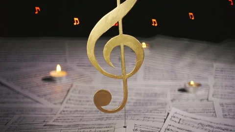 Musical notes on the table. Blurred abstract background with music note bokeh Video stock 107229695
