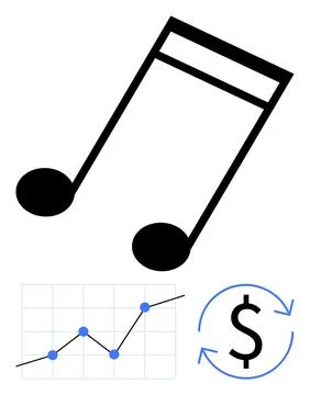 Musical notes, upward line graph, and dollar sign encircled by arrows. Ideal  Stockillustratie