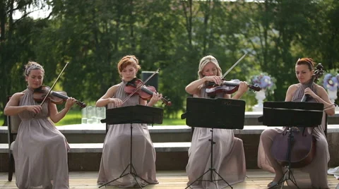 Musical quartet. Three violinists and cellist playing music. Long shot. Stock Footage 41289040
