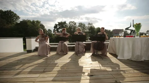 Musical quartet. Three violinists and cellist playing music. Long shot. Stock Footage 41291391