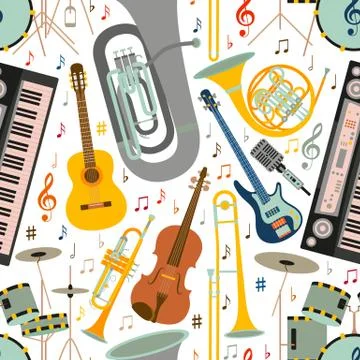 Musical seamless pattern made of different musical instruments, treble clef and Stock Illustration