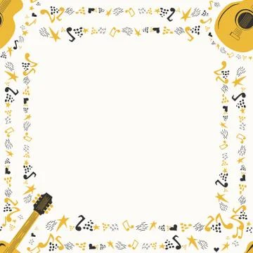 Musical seamless pattern with music notes, guitar. Hand-drawn country guitar, Illustrazione stock