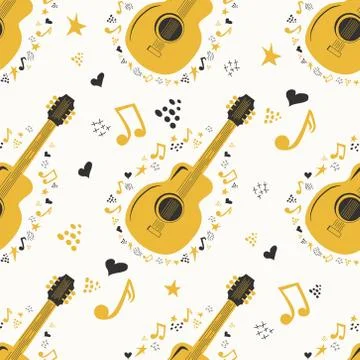 Musical seamless pattern with music notes, guitar. Hand-drawn country guitar, 스톡 일러스트