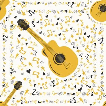 Musical seamless pattern with music notes, guitar. Hand-drawn country guitar, Illustrazione stock
