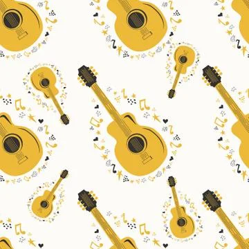 Musical seamless pattern with music notes, guitar. Hand-drawn country guitar, Stock Illustration