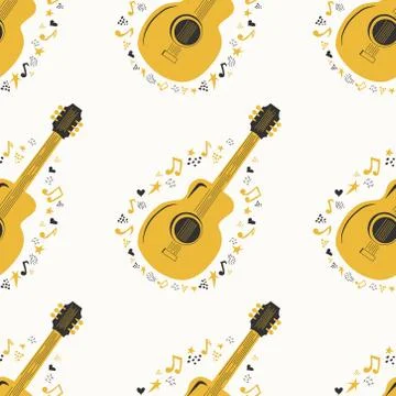 Musical seamless pattern with music notes, guitar. Hand-drawn country guitar, Illustrazione stock