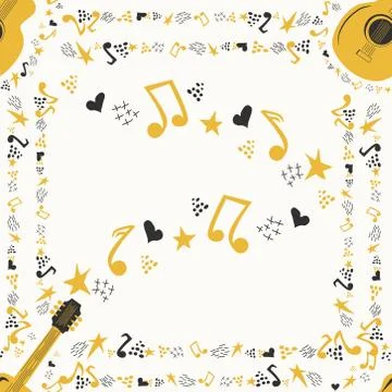 Musical seamless pattern with music notes, guitar. Hand-drawn country guitar, 库存插图