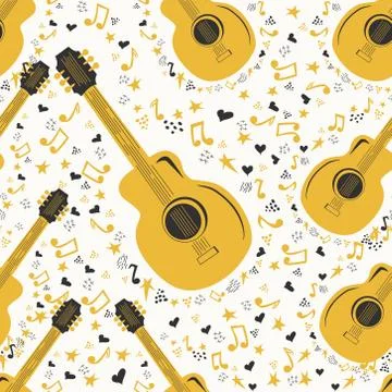 Musical seamless pattern with music notes, guitar. Hand-drawn country guitar, 스톡 일러스트