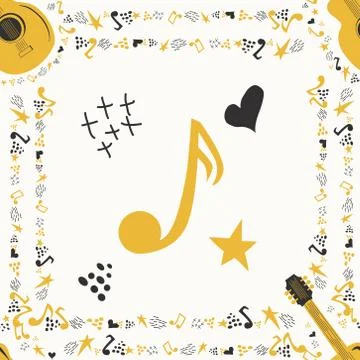 Musical seamless pattern with music notes, guitar. Hand-drawn country guitar, Stock Illustration