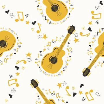 Musical seamless pattern with music notes, guitar. Hand-drawn country guitar, Illustrazione stock