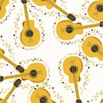Musical seamless pattern with music notes, guitar. Hand-drawn country guitar, Illustrazione stock
