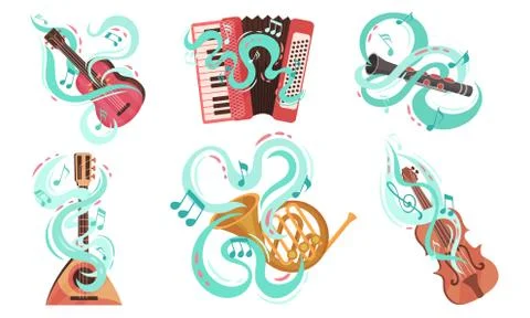 Musical Stringed and Wind Instruments with Decorative Swirling Lines Vector Set Stock Illustration