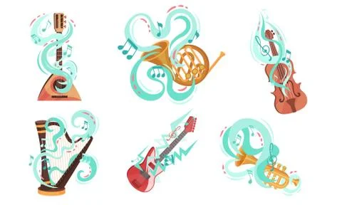 Musical Stringed and Wind Instruments with Decorative Swirling Lines Vector Set Stock Illustration