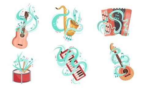 Musical Stringed and Wind Instruments with Decorative Swirling Lines Vector Set Illustrazione stock