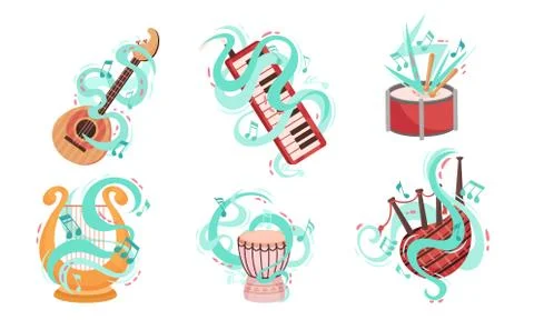 Musical Stringed and Wind Instruments with Decorative Swirling Lines Vector Set Stock Illustration