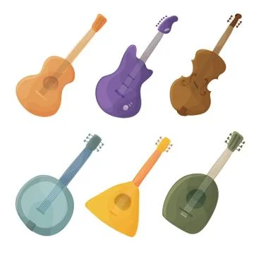 Musical stringed instruments in cartoon style guitar, violin, balalaika, lute Ilustración de archivo