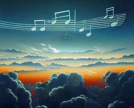 Musical symbols in the sky. The sky sings. Music of the sky. Stock Illustration