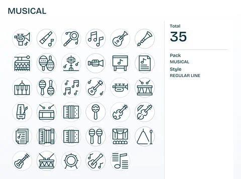Musical Vector Icon Library with 35 Regular Line High Resolution Detail Enh.. Stock Illustration
