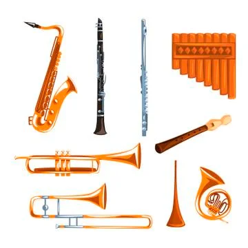 Musical wind instruments set, saxophone, clarinet, trumpet, trombone, tuba, pan Stock Illustration