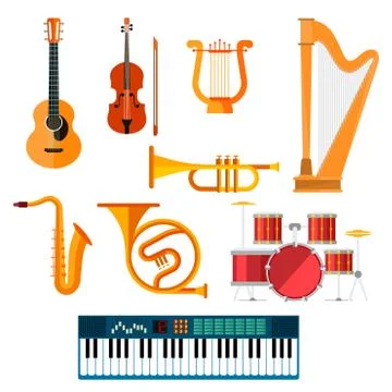 Musical wind, key or string vector instruments Stock Illustration