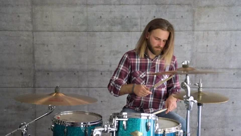 Musician. Creative Process. Caucasian Man Playing Drums In The Rehearsal Space Stock Footage 155554492
