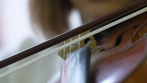 Musician hands move violin bow, extract melody. Playing violin with fiddle stick Stock Footage 294107341