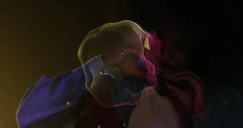 Musician leaning into mic playing harmonica creating pulsing waveform under Vidéo 312486124