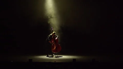 Musician performs captivating piece on contrabass bow in dimly lit stage Stock Footage 319920348
