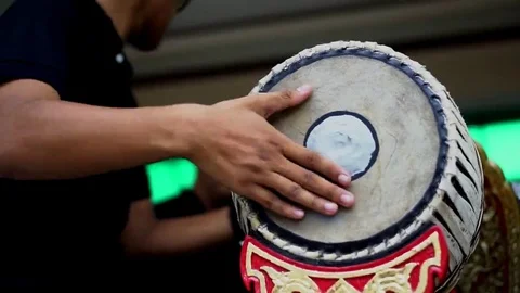 Musician playing 2 faces drum, Thai traditional musical instrument. Stock Footage 69079371