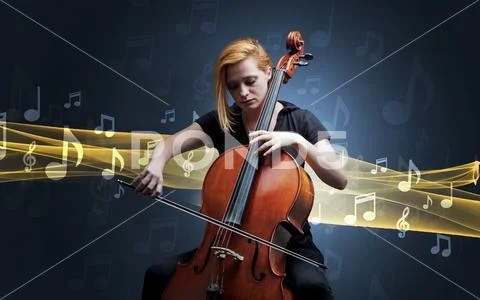 Musician playing on cello with notes around Stock Photos