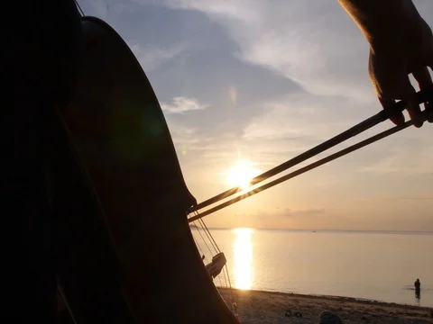 Musician Playing Contrabass at Sunset On Beach Vídeo Stock 80426659