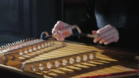 Musician playing the hammered dulcimer close-up. Female hands play the dulcimer. Vídeo Stock 145757467