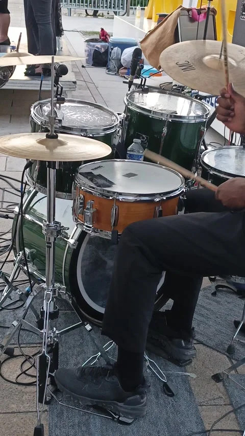 Musician playing percussion drums during Fête de la Musique in Reims Stock Footage 337392373