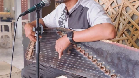 A musician playing traditional string instrument with microphone on stage. Video stock 343376100