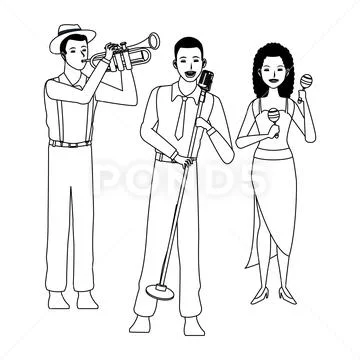 Musician playing trumpet maracas and singing black and white Stock Illustration