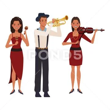 Musician playing trumpet violin and maracas Stock Illustration