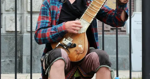 The musician plays a multi-stringed musical instrument Stock Footage 101136220