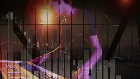 Musician pressing keys tuning knobs animating stock charts across window 스톡 동영상 311947641