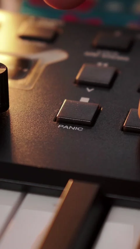 Musician pressing panic button on midi controller keyboard during studio Stock Footage 346774455