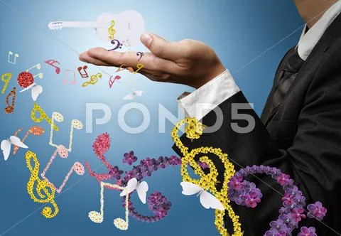 Musician shows classical guitar and flower music Stock Illustration