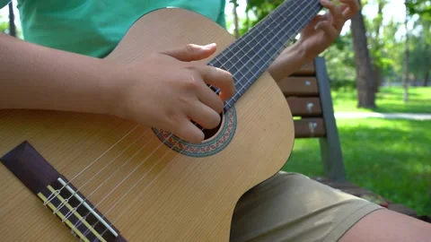 Musician skill training. Live performance in nature. Musician sits in nature and Stock Footage 213039609