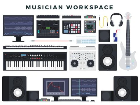 Musician workspace, set of elements. Musician's working digital equipment Stock Illustration