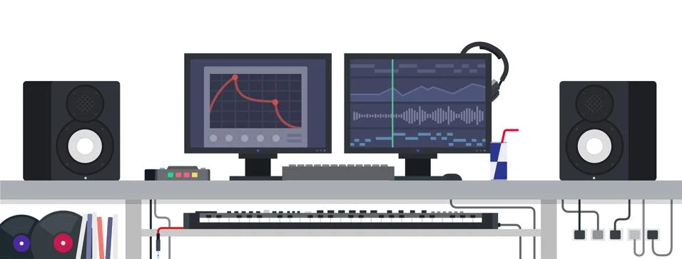 Musician workspace. Vector flat illustrations. Music and recording industry. Stock Illustration