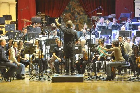  musicians and their instruments at a classical music orchestra rehearsal ... Stock Photos