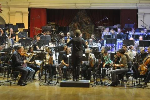  musicians and their instruments at a classical music orchestra rehearsal ... Stock Photos
